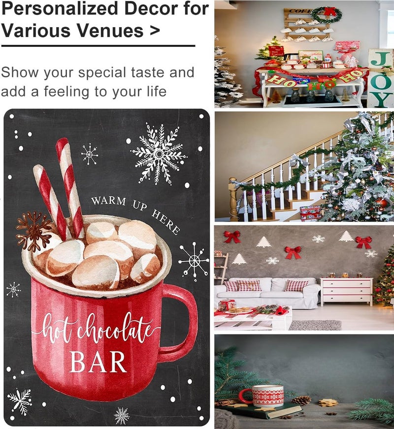 Joyline Vintage Christmas Decor Gifts Rustic Hot Chocolate Bar Warm Up Here Tin Sign for Home Farmhouse Kicthen Cafe Bar Wall Decor 8 x 12 inches (3235) - Image 3